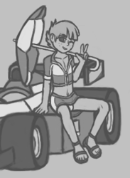Size: 490x670 | Tagged: suggestive, artist:deserter, absolute cleavage, aggie.io, banned from derpibooru, breasts, car, cleavage, clothes, crossdressing, crotch bulge, formula 1, freckles, grayscale, human, humanized, imported from twibooru, jacket, looking at you, male, midriff, monochrome, one eye closed, panties, parasol, peace sign, race queen, sandals, shotacon, sitting, sketch, skirt, snails, solo, solo male, trap, underage, underwear, upskirt, wink, winking at you