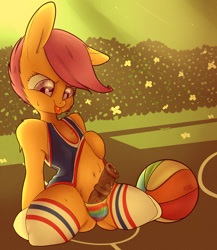 Size: 1280x1472 | Tagged: explicit, artist:tesuai, scootaloo, alternate version, balls, basketball, belly, belly button, chest fluff, clothes, female, foal, foalcon, futa, futa filly, futa scootaloo, g4, imported from derpibooru, intersex, kneeling, legwear, nudity, panties, pegasus, penis, pony, precum, semi-anthro, socks, solo, solo futa, sweat, thigh highs, tongue out, underwear, wingding eyes