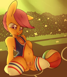 Size: 1280x1472 | Tagged: explicit, artist:tesuai, scootaloo, anus, basketball, clothes, female, foalcon, g4, heart eyes, human vulva on pony, imported from derpibooru, legwear, nudity, pony, semi-anthro, socks, solo, solo female, thigh highs, vulva, wingding eyes
