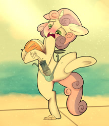 Size: 1280x1482 | Tagged: explicit, artist:tesuai, sweetie belle, alternate version, blushing, clothes, cum, cumming, foalcon, futa, futa sweetie belle, g4, horn, imported from derpibooru, intersex, nudity, orgasm, penis, pony, solo, solo futa, spontaneous orgasm, swimsuit, trip, unicorn, volleyball, wardrobe malfunction