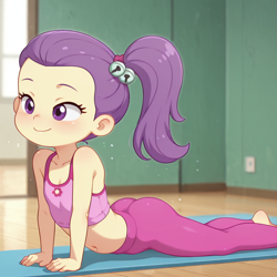 Size: 1024x1024 | Tagged: safe, ai content, cameltoe, child, clothes, cobra stretch, equestria girls, female, imported from twibooru, leotard, lily pad (equestria girls), lolicon, solo, solo female, stretching, underage, young