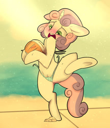Size: 1280x1482 | Tagged: explicit, artist:tesuai, sweetie belle, beach, bikini, bikini bottom, blushing, clitoral peeking, clothes, embarrassed, female, filly, foal, foalcon, g4, heart eyes, horn, imported from derpibooru, nudity, pony, pussy peek, solo, solo female, swimsuit, trip, unicorn, volleyball, vulva, wardrobe malfunction, wingding eyes