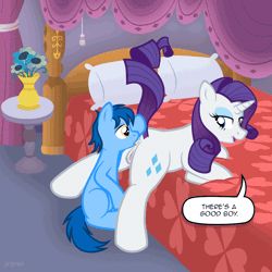 Size: 900x900 | Tagged: explicit, artist:jepso, rarity, oc, oc:bruce, age difference, analingus, analingus on female, animated, anus, bed, bedroom eyes, blinking, canon x oc, clopping, colt, colt on mare, commission, cute, cute porn, dialogue, dock, duo, duo male and female, female, femdom, foal, foalcon, g4, gif, good boy, imported from derpibooru, licking, looking back, male, male on female analingus, malesub, mare, mare on colt, masturbation, nudity, open mouth, oral, penis, pony, prone, raised tail, raridom, reasonably sized genitals, reverse foalcon, smiling, speech bubble, spread legs, straight, straight shota, submissive, vagina, vaginal secretions