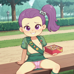Size: 1024x1024 | Tagged: questionable, ai content, cameltoe, child, clothes, cookie, equestria girls, female, food, imported from twibooru, lily pad (equestria girls), lolicon, nipples, nudity, panties, scout uniform, solo, solo female, underage, underwear, young