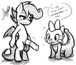Size: 672x578 | Tagged: explicit, artist:starykrow, scootaloo, spike, all fours, balls, bipedal, blushing, clopfic linked in description, foalcon, futa, futa on male, futa scootaloo, g4, imported from derpibooru, intersex, male, monochrome, nudity, pegasus, penis, pony, pony on dragon action, ship:scootaspike, sweat