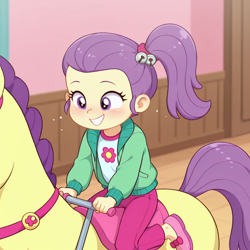 Size: 1024x1024 | Tagged: safe, ai content, child, equestria girls, female, imported from twibooru, lily pad (equestria girls), lolicon, pony, riding, solo, solo female, toy, underage, young