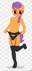Size: 1911x4235 | Tagged: suggestive, artist:tolpain, anthro, banned from derpibooru, belly button, black underwear, blushing, clothes, crossdressing, earth pony, femboy, garter belt, imported from twibooru, lingerie, male, panties, patterned background, shotacon, shy, socks, solo, solo male, stockings, straps, tender taps, thigh highs, underage, underwear