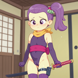 Size: 1024x1024 | Tagged: questionable, ai content, cameltoe, child, clothes, equestria girls, female, imported from twibooru, leotard, lily pad (equestria girls), lolicon, ninja, solo, solo female, thong leotard, underage, young