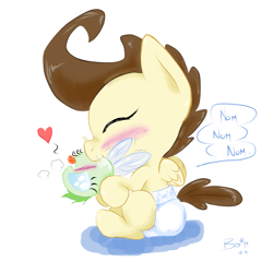 Size: 1225x1225 | Tagged: explicit, artist:bgnumber19, ambiguous oral, baby, babycon, blushing, colored, cute, dead source, diaper, foalcon, g4, imported from derpibooru, oral, parasprite, pegasus, pony, pound cake, sex