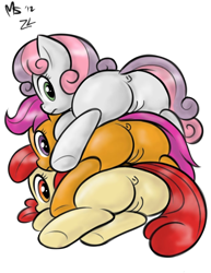 Size: 1041x1347 | Tagged: explicit, artist:megasweet, artist:zekromlover, apple bloom, scootaloo, sweetie belle, adorabloom, anus, blank flank, butt, butt tower, casual nudity, cute, cute porn, cutealoo, cutie mark crusaders, diasweetes, earth pony, female, females only, filly, foal, foalcon, g4, genitals, imported from derpibooru, looking back, nudity, pegasus, plot, plot pile, ponut, pony, simple background, stack, transparent background, unicorn, vulva