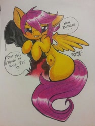Size: 960x1280 | Tagged: explicit, artist:skuttz, scootaloo, big macintosh, crotchboobs, dialogue, earth pony, foalcon, g4, hug, imported from derpibooru, insertion, large insertion, macro, male, micro, nipples, nudity, penis, penis hug, pony, ship:scootamac, shipping, size difference, speech bubble, stallion, straight, traditional art