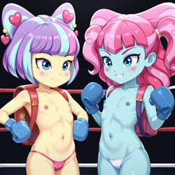 Size: 1024x1024 | Tagged: questionable, ai content, ai generated, backpack, boxing, boxing gloves, child, clothes, equestria girls, female, females only, imported from twibooru, kiwi lollipop, lolicon, panties, sports, supernova zap, thong, underage, underwear, young, younger