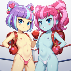 Size: 1024x1024 | Tagged: questionable, ai content, ai generated, backpack, boxing, boxing gloves, child, clothes, equestria girls, female, females only, imported from twibooru, kiwi lollipop, lolicon, panties, sports, supernova zap, thong, underage, underwear, young, younger