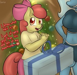 Size: 800x784 | Tagged: explicit, artist:lamia, apple bloom, anthro, balls, belly button, breasts, christmas tree, clothes, dialogue, dick in a box, earth pony, foalcon, futa, futa trixie, g4, grin, heart, imported from derpibooru, intersex, midriff, open mouth, present, skirt, skirt lift, smiling, talking, tree, trixie, trixiebloom