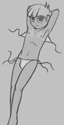 Size: 750x1465 | Tagged: suggestive, artist:deserter, arm behind head, armpits, banned from derpibooru, bedroom eyes, bikini, chest freckles, clothes, crossdressing, crossed legs, crotch bulge, description is relevant, freckles, front knot midriff, gray background, human, humanized, imported from twibooru, looking at you, lying down, male, male nipples, midriff, monochrome, on back, pinup, shirt, shotacon, side-tie bikini, simple background, sketch, smiling, snails, solo, swimsuit, tan lines, tanned, tanning, trap, underage, untied bikini