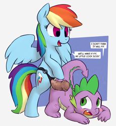 Size: 1000x1088 | Tagged: explicit, artist:ponchuzn, rainbow dash, spike, age difference, blushing, dragon, duo, duo male and female, female, femdom, foalcon, g4, imported from derpibooru, male, malesub, pegasus, pegging, pony, sex toy, ship:rainbowspike, shipping, straight, strapon, submissive, wingless spike