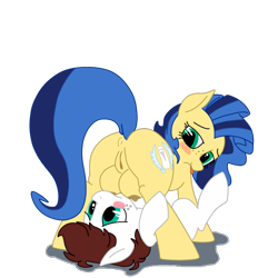 Size: 850x850 | Tagged: explicit, artist:ponchuzn, oc, oc:milky way, anus, big crotchboobs, blush sticker, blushing, breastfeeding, canon x oc, crotchboobs, dark nipples, derpibooru exclusive, earth pony, female, foalcon, huge crotchboobs, imported from derpibooru, impossibly large crotchboobs, mare, nipples, nudity, oc only, pony, simple background, suckling, tongue out, trace, transparent background, vulva, yellow nipples