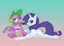 Size: 1215x884 | Tagged: explicit, artist:mew, artist:muh-arts, rarity, spike, aftersex, anus, apron, balls, blushing, both cutie marks, clothes, creampie, cum, cute, cute porn, fangs, female, foalcon, g4, human vulva, human vulva on pony, imported from derpibooru, looking back, lying, lying down, male, naked apron, nudity, open mouth, penis, pony, prone, raised tail, ship:sparity, shipping, simple background, sitting, smiling, spread legs, straight, underhoof, vulva
