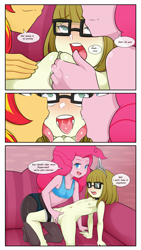 Size: 2500x4445 | Tagged: explicit, artist:oozutsucannon, pinkie pie, comic:babysitting zipporwhill, child, dialogue, equestria girls, female, females only, group sex, imported from twibooru, lesbian, lolicon, sex, sunset shimmer, underage, young, zippoorwhill