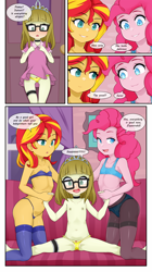 Size: 2500x4472 | Tagged: questionable, artist:oozutsucannon, pinkie pie, comic:babysitting zipporwhill, child, dialogue, equestria girls, female, females only, group sex, imported from twibooru, lesbian, lolicon, nipples, nudity, sunset shimmer, underage, young, zippoorwhill