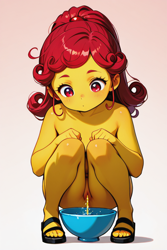Size: 512x768 | Tagged: explicit, apple bloom, ai errors, ai generated, alternate hairstyle, bowl, drop shadow, female, four toes, gross, imported from twibooru, lolicon, looking down, nudity, pissing, prompter:oneshot, sandals, sandals only, shadow, simple background, squatting, underage, urine, vulva