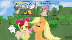 Size: 1280x720 | Tagged: explicit, artist:bobawob, apple bloom, applejack, blowjob, comic, disembodied penis, double blowjob, female, foalcon, g4, group sex, human, human on pony action, human penis, imported from derpibooru, just the tip, literally disembodied penis, male, missing accessory, multiple blowjob, not salmon, nudity, oral, orchard, penis, pony, sex, straight, talking penis, threesome, wat