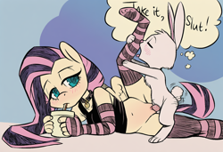 Size: 1216x832 | Tagged: explicit, fluttershy, ai errors, ai generated, angel bunny, angelshy, animal, anthro, arm warmers, banned from derpibooru, belly button, bestiality, blushing, bored sex, bottomless, breasts, casual sex, chest fluff, clothed sex, clothes, collar, collarbone, colored, cup, delicious flat chest, detached sleeves, drinking, drinking straw, emoshy, emotionless, erection, eyes closed, female, fetish, fluffy tail, fluttergoth, flutterzoo, from behind, fucked sideways, g4, goth, heart, humping, imported from twibooru, insult, interspecies, kneesocks, laying on floor, licking, lidded eyes, lolicon, male, motion lines, no pubic hair, novelai, nudity, on floor, one leg raised, open mouth, partial nudity, pegasus, penetration, penis, rabbit, sex, shipping, side, sideways, simple background, size difference, socks, spread wings, squishy butt, stable diffusion, stocking feet, straight, straw, striped socks, styrofoam cup, tanktop, thought bubble, tongue out, underage, unguligrade anthro, vagina, vaginal, vaginal secretions, wingboner, wings, wings down