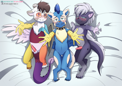 Size: 1023x724 | Tagged: explicit, artist:the-dark-mangaka, oc, oc:desorde, anthro, banned from derpibooru, collar, digitigrade anthro, draconequus, draconequus oc, imported from twibooru, lying down, male, nudity, oc only, on back, paws, penis, shotacon, smiling, underage