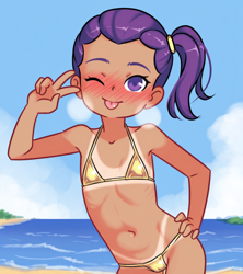 Size: 1024x1152 | Tagged: suggestive, artist:drantyno, :p, banned from derpibooru, beach, belly button, bikini, blushing, breasts, cameltoe, clothes, delicious flat chest, female, g4, gold bikini, golden bikini, human, humanized, imported from twibooru, lily pad (equestria girls), lily pad (g4), lolicon, looking at you, ocean, one eye closed, panties, peace sign, ponytail, sky, smiling, smiling at you, swimsuit, thong, tongue out, underage, underwear, wink, winking at you
