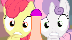 Size: 1280x719 | Tagged: explicit, apple bloom, sweetie belle, 1000 hours in ms paint, female, filly, foal, foalcon, g4, human, human male, human male on filly, human on pony action, human penis, imminent rape, imported from derpibooru, interspecies, male, ms paint, nudity, penis, pony, scared, straight