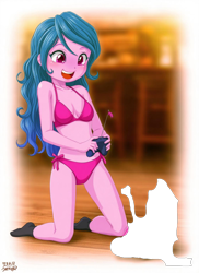 Size: 1120x1536 | Tagged: safe, artist:uotapo, ai content, ai generated, banned from derpibooru, bikini, breasts, clothes, equestria girls, female, g5, g5 to equestria girls, human, imported from twibooru, izzy moonbow, lolicon, open smile, pink bikini, side-tie bikini, smiling, socks, solo, swimsuit, swimsuit edit, underage