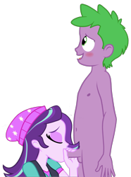 Size: 1580x2124 | Tagged: explicit, artist:anonymous, spike, starlight glimmer, banned from derpibooru, beanie, blowjob, blushing, clothes, equestria girls, eyes closed, female, hat, imported from twibooru, jacket, looking up, lucky bastard, male, male nipples, nipples, nudity, open mouth, oral, penis, sex, shipping, shotacon, simple background, sparlight, straight, transparent background, underage