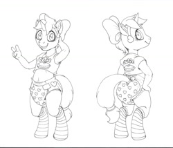 Size: 1280x1095 | Tagged: suggestive, artist:paddercat, oc, oc:paddycakes, anthro, armpits, banned from derpibooru, bow, clothes, diaper, hair bow, imported from twibooru, looking at you, looking back, looking back at you, male, monochrome, oc only, open mouth, open smile, peace sign, shirt, shotacon, smiling, socks, tail bow, underage, unguligrade anthro, unicorn