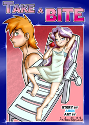 Size: 3720x5244 | Tagged: suggestive, artist:anibaruthecat, diamond tiara, comic:take a bite, apple, banned from derpibooru, big mcintosh, bikini, blushing, chair, clothes, dress, equestria girls, female, food, g4, humanized, implied shipping, imported from twibooru, lolicon, male, see-through, swimsuit, tongue out, underage