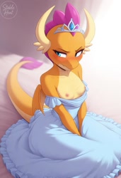 Size: 832x1216 | Tagged: questionable, ai generated, anthro, avoiding eye contact, blushing, breasts, clothes, dragon, dress, embarrassed, female, g4, hand, imported from twibooru, jewelry, lolicon, nipples, nudity, partial nudity, princess smolder, prompter:danithoooxd, prompter:ponydrifter, prompter:stableheat, small breasts, smolder, solo, tiara, topless, underage, wings