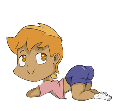 Size: 1280x1150 | Tagged: suggestive, artist:happy harvey, button mash, ass up, banned from derpibooru, butt, clothes, colored pupils, drawn on phone, equestria girls, imported from twibooru, looking back, male, shirt, shorts, shotacon, simple background, socks, transparent background, underage