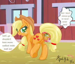Size: 799x685 | Tagged: explicit, artist:kyokimute, applejack, babs seed, anal vore, anus, butt, dialogue, earth pony, female, fetish, foalcon, g4, imported from derpibooru, mare, nudity, plot, pony, size difference, unwilling prey, vore, vulgar, vulva
