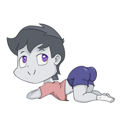 Size: 1280x1150 | Tagged: suggestive, artist:happy harvey, ass up, banned from derpibooru, butt, clothes, colored pupils, drawn on phone, equestria girls, imported from twibooru, looking back, male, rumble, shirt, shorts, shotacon, simple background, socks, transparent background, underage
