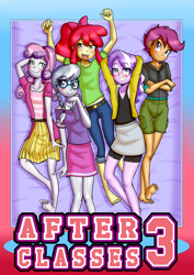 Size: 3720x5244 | Tagged: safe, artist:anibaruthecat, artist:anibationrs, apple bloom, diamond tiara, scootaloo, silver spoon, sweetie belle, comic:after classes, comic:after classes 3, apple bloom's bow, arm behind head, banned from derpibooru, bed, bedroom eyes, blushing, bow, clothes, comic, comic cover, cover, cutie mark crusaders, equestria girls, female, g4, glasses, group, hair bow, imported from twibooru, jeans, lolicon, looking at you, nerd glasses, on back, on bed, open smile, pants, quintet, shirt, shorts, skirt, smiling, smiling at you, t-shirt, underage