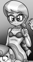 Size: 286x542 | Tagged: suggestive, artist:anibaruthecat, silver spoon, sweetie belle, comic:after classes, banned from derpibooru, bra, bracelet, clothes, crying, duo, equestria girls, female, g4, glasses, grin, imported from twibooru, jewelry, lolicon, nerd glasses, smiling, tears of fear, underage, underwear