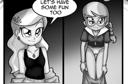 Size: 876x576 | Tagged: suggestive, artist:anibaruthecat, diamond tiara, silver spoon, comic:after classes, banned from derpibooru, clothes, equestria girls, evil grin, female, g4, glasses, grin, imported from twibooru, jewelry, lolicon, necklace, nerd glasses, panties, smiling, taking off clothes, underage, underwear, undressing