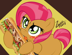 Size: 485x372 | Tagged: questionable, artist:zajice, babs seed, earth pony, edit, female, foalcon, food, g4, imported from derpibooru, not porn, pony, sandwich, sandwich censorship, solo, solo female
