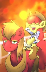 Size: 1235x1920 | Tagged: explicit, artist:taps, apple bloom, arm hooves, big macintosh, chaps, clothes, duo, earth pony, female, foalcon, g4, human vulva, human vulva on pony, imported from derpibooru, incest, male, nudity, ponies riding ponies, pony, riding, semi-anthro, stallion, straight, sunset, unamused, vaginal secretions, vulva