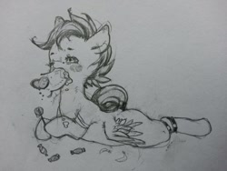 Size: 1280x960 | Tagged: explicit, artist:wimcrustum, scootaloo, blowjob, candy, disembodied penis, female, foalcon, g4, imported from derpibooru, male, nudity, oral, penis, prone, straight, traditional art