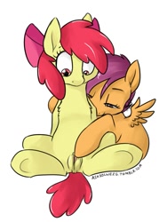 Size: 759x1010 | Tagged: explicit, artist:solweig, apple bloom, scootaloo, earth pony, eyes on the prize, female, filly, filly on filly, foal, foalcon, g4, hug from behind, imported from derpibooru, lesbian, nudity, pegasus, pony, ship:scootabloom, simple background, sitting, smiling, spread wings, spreading, underhoof, vulva, white background, wide eyes, wings