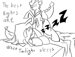 Size: 800x600 | Tagged: explicit, artist:copymirror, spike, twilight sparkle, blushing, dragon, female, foalcon, g4, grayscale, imported from derpibooru, male, monochrome, no eyes, pony, sex, somnophilia, straight, text, wip, zzz