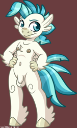Size: 992x1639 | Tagged: explicit, artist:walpurgie, anthro, banned from derpibooru, brown background, complete nudity, flaccid, foreskin, hand on hip, hippogriff, human penis, imported from twibooru, male, nipples, nudity, penis, shotacon, simple background, solo, solo male, underage, unguligrade anthro