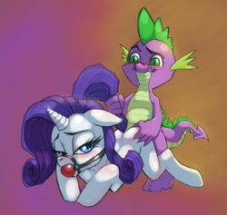 Size: 700x664 | Tagged: questionable, artist:flick-the-thief, rarity, spike, age difference, ballgag, blushing, bondage, butt, butt grab, dragon, dreamworks face, duo, duo male and female, female, foalcon, g4, gag, grope, hand on butt, horn, imported from derpibooru, male, maledom, plot, pony, sex, ship:sparity, shipping, softcore, straight, tail pull, unicorn, wingless spike