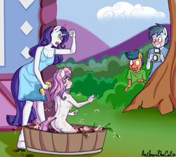 Size: 3126x2788 | Tagged: suggestive, artist:anibaruthecat, rarity, sweetie belle, anthro, bathing, bubble bath, camera, earth pony, female, first base, g4, imported from twibooru, lolicon, male, paparazzi, peeping, shady daze, sponge, underage, unguligrade anthro, unicorn, voyeurism, washtub