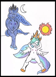 Size: 569x778 | Tagged: explicit, artist:rdk, princess celestia, princess luna, alicorn, anthro, arm behind head, banned from derpibooru, belly button, breasts, delicious flat chest, ethereal mane, eyes closed, female, females only, foalcon, g4, hoof shoes, imported from derpibooru, imported from twibooru, lolicon, nipples, nudity, princess, siblings, sisters, smiling, starry mane, sun, traditional art, underage, vulva